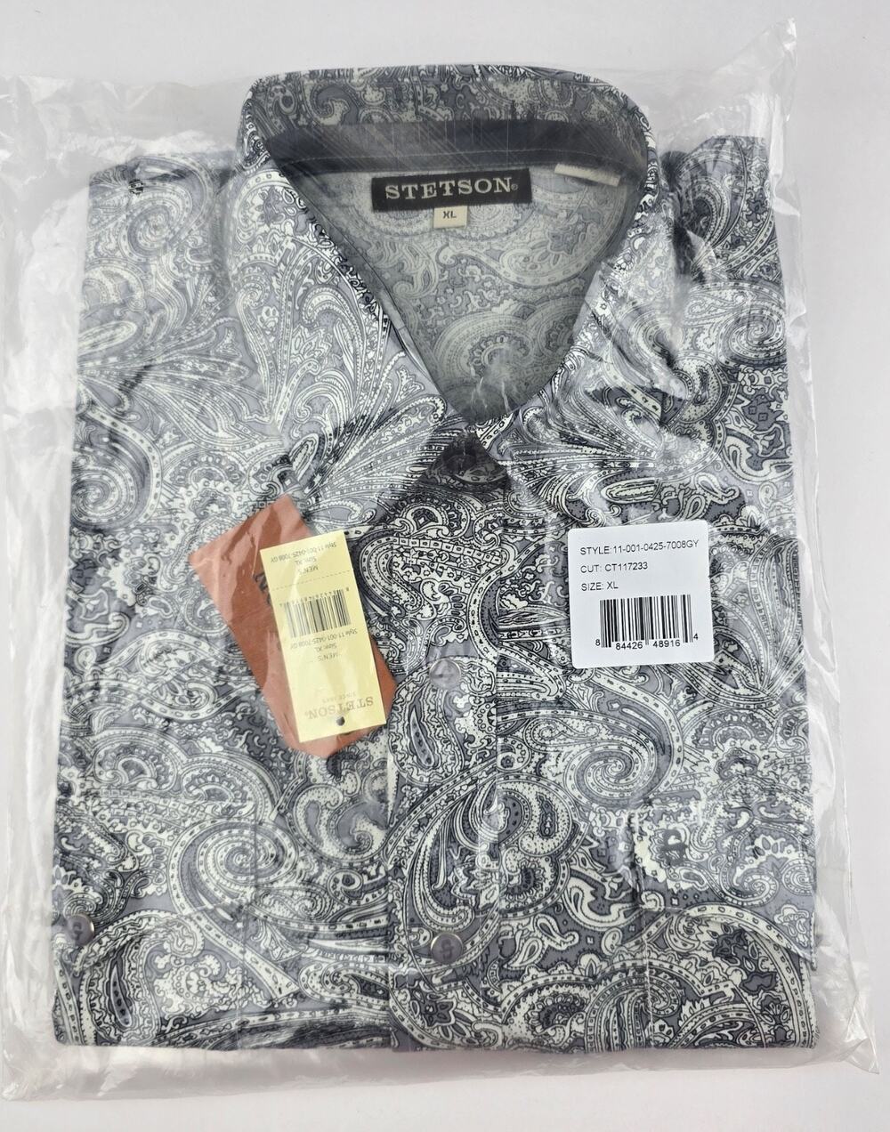 New Stetson Men's XL Western Paisley long sleeve shirt Gray & white snap button